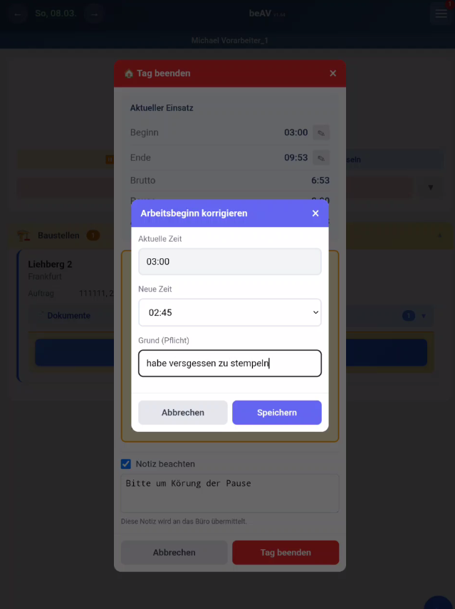 Zeitkorrektur-Fenster