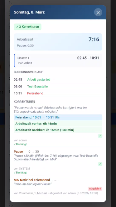 Monatsansicht Korrektur-Details