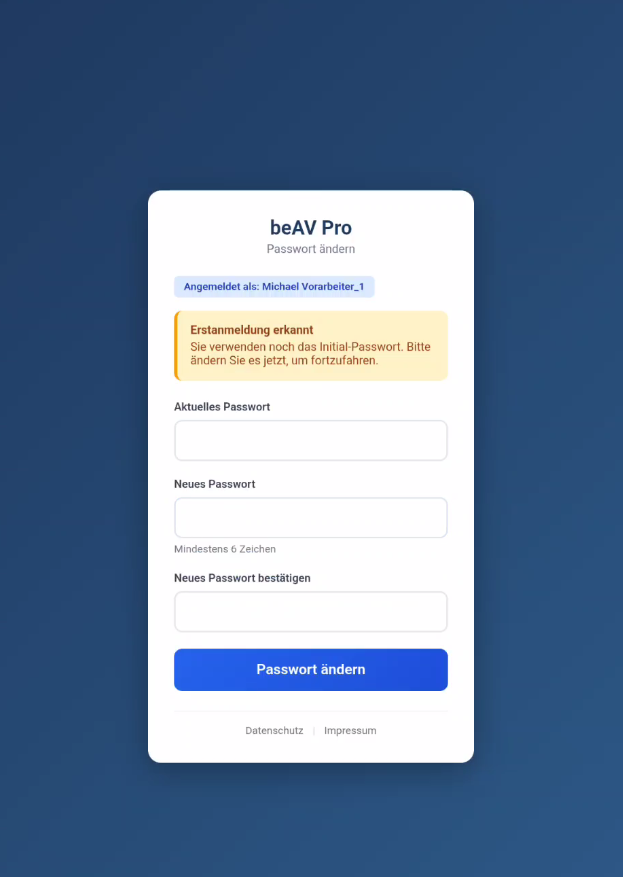 Passwort ändern bei Erstanmeldung