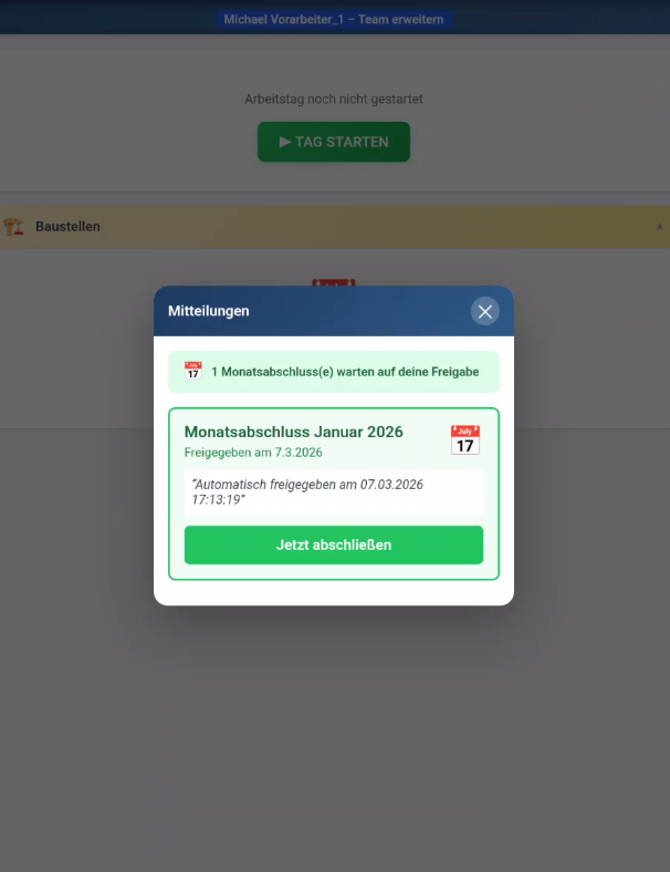 Monatsabschluss Mitteilung