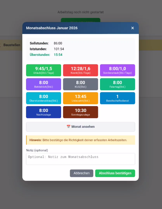 Monatsabschluss ohne Arbeitszeitkonto