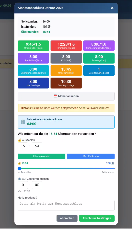 Monatsabschluss mit Arbeitszeitkonto