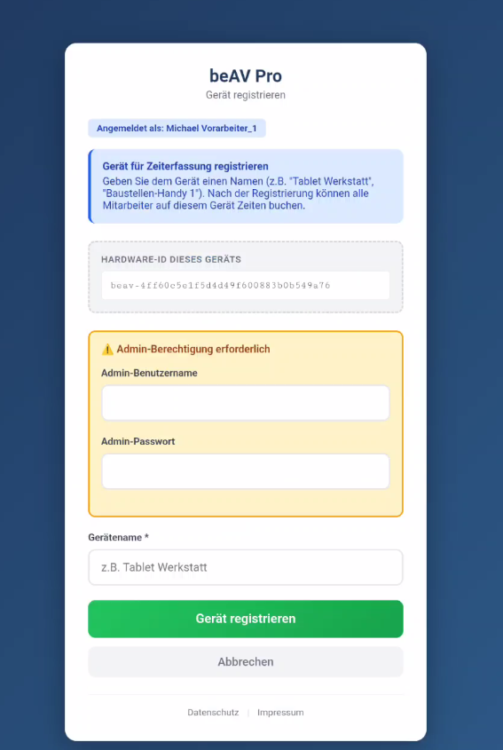 Gerät registrieren Formular