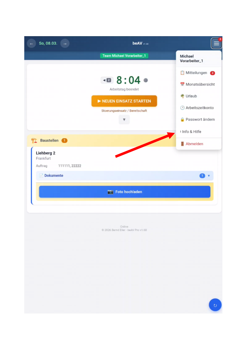 Info-Menüpunkt auswählen