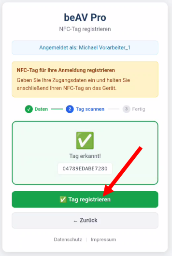 Tag erkannt und registrieren